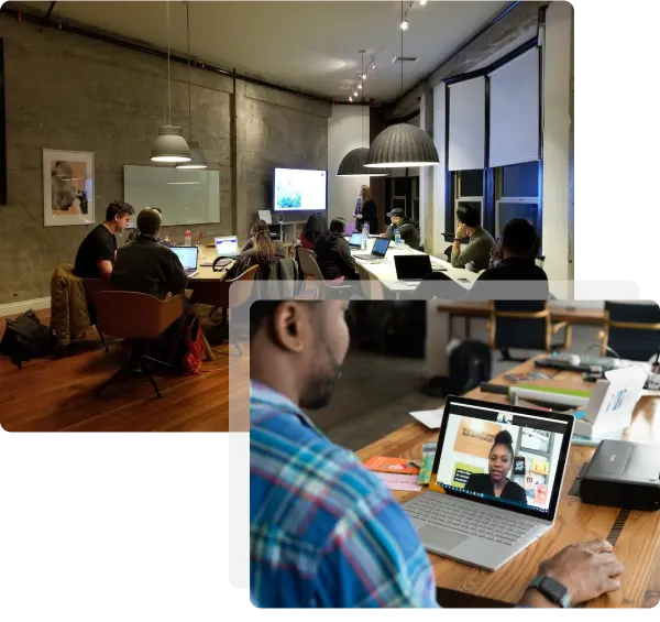 An image composed of two images with one image showing a group of people in a meeting and another image stacked over another showing a person in a video call.