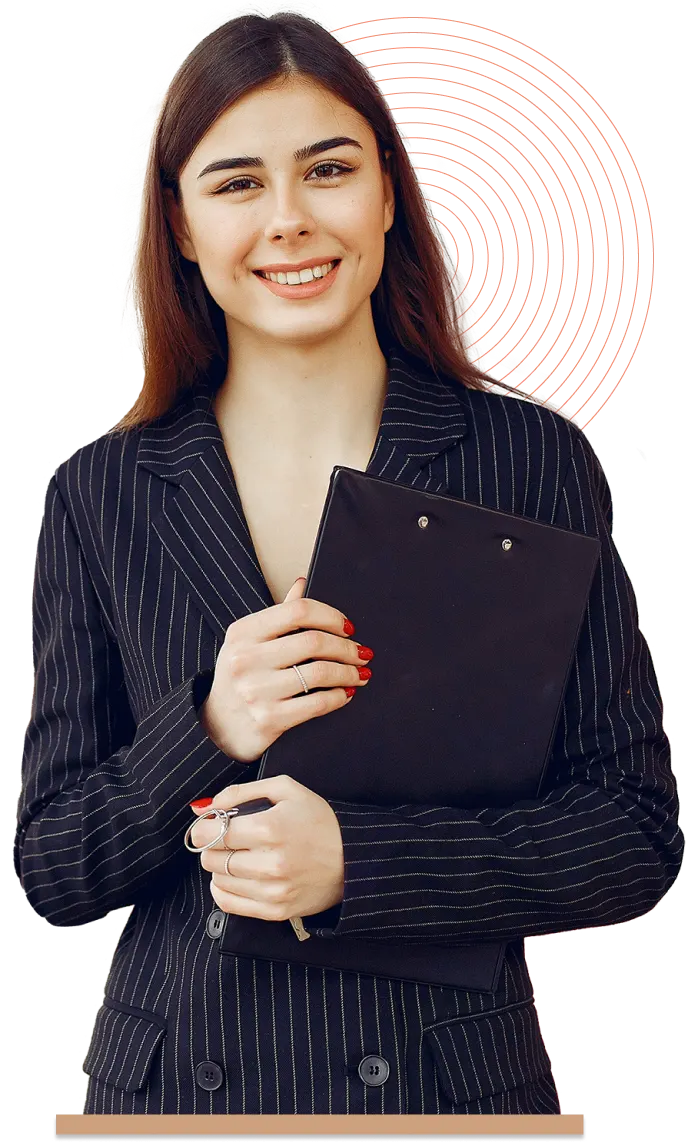 An image of young professional lady in an office attire and holding a clip file folder.