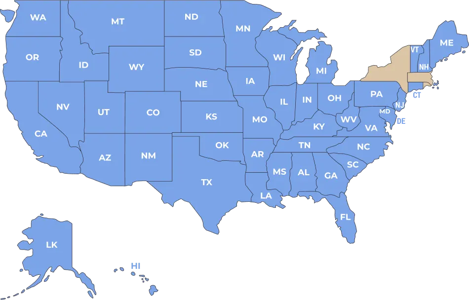A map of the USA showing all the states being served by YourWayLoan.